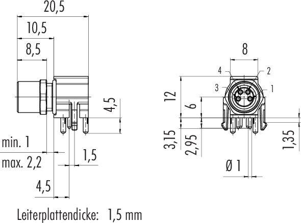 Technický výkres elektrického konektora s podrobnými rozmermi. Pohľad spredu a zboku, hrúbka dosky plošných spojov: 1,5 mm.