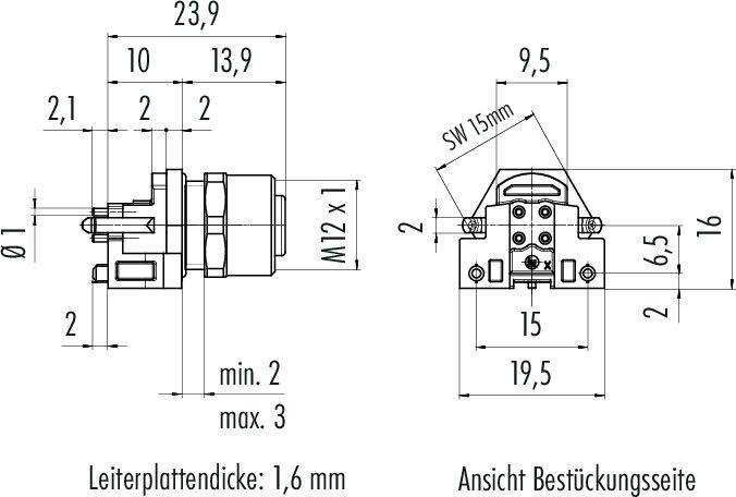 Technický výkres konektora s rozmermi. Pohľad zhora a z boku zobrazuje rozmery a detaily týkajúce sa hrúbky dosky plošných spojov 1,6 mm.