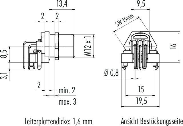 Technický výkres konektora. Rozmery: M12 x 1, hrúbka dosky plošných spojov 1,6 mm, pripojenie s kľúčom 15 mm, rozmery v mm.