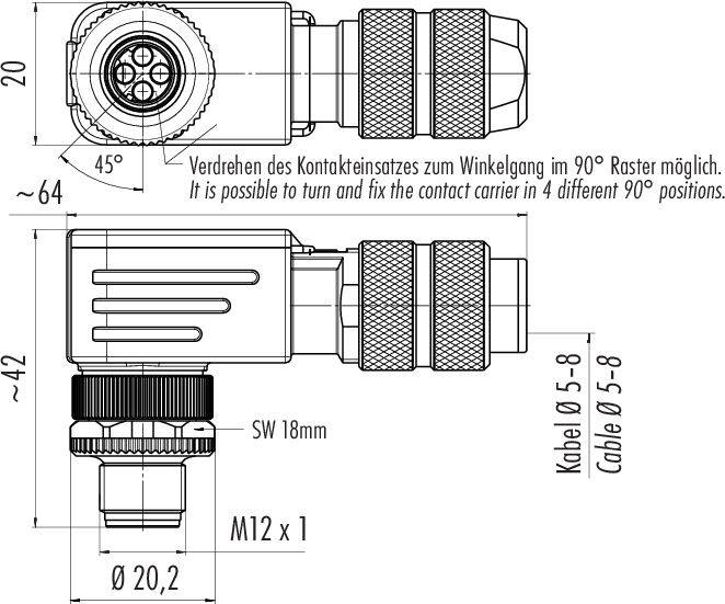 Technický výkres konektora, zobrazuje rozmery, závit M12 x 1, priemer kábla 5-8 mm a možnosť otočenia o 90°.