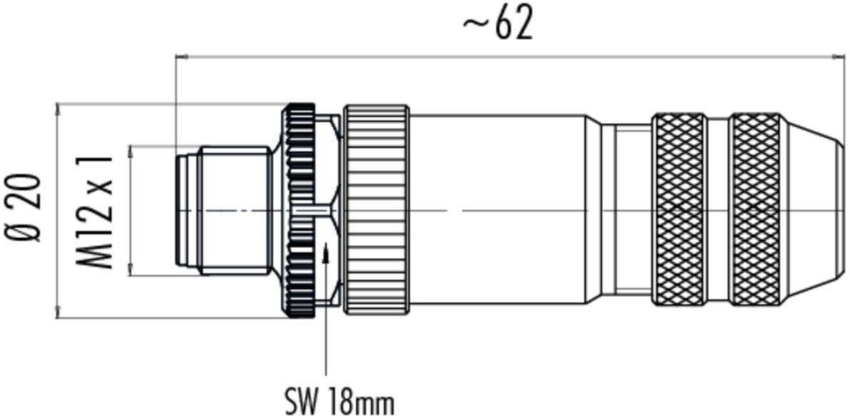 Technický výkres konektora s rozmermi: priemer 20 mm, závit M12 x 1, šírka kľúča 18 mm, dĺžka cca 62 mm.