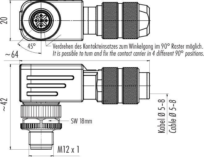 Technický výkres zástrčky s popiskami: M12 x 1, kábel Ø 5-8, otočný kontaktný prvok pre 90° pozície.