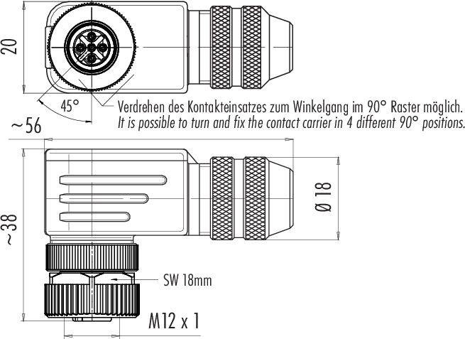 Technický výkres konektorového spoja, zobrazujúci rozmery a uhly polohy kontaktného nosiča s popisom v nemčine a angličtine.