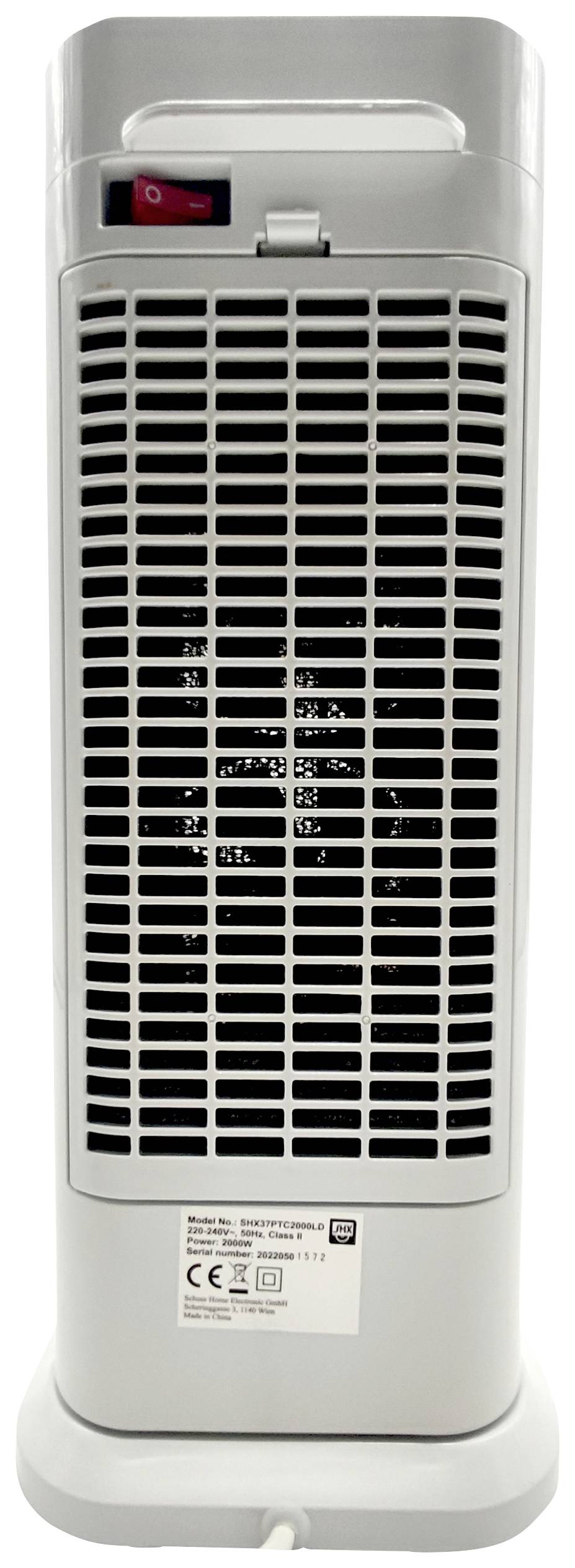 Sivý elektrický ohrievací ventilátor s vetracími otvormi vpredu, vypínač hore, stojí na stabilnej základni.