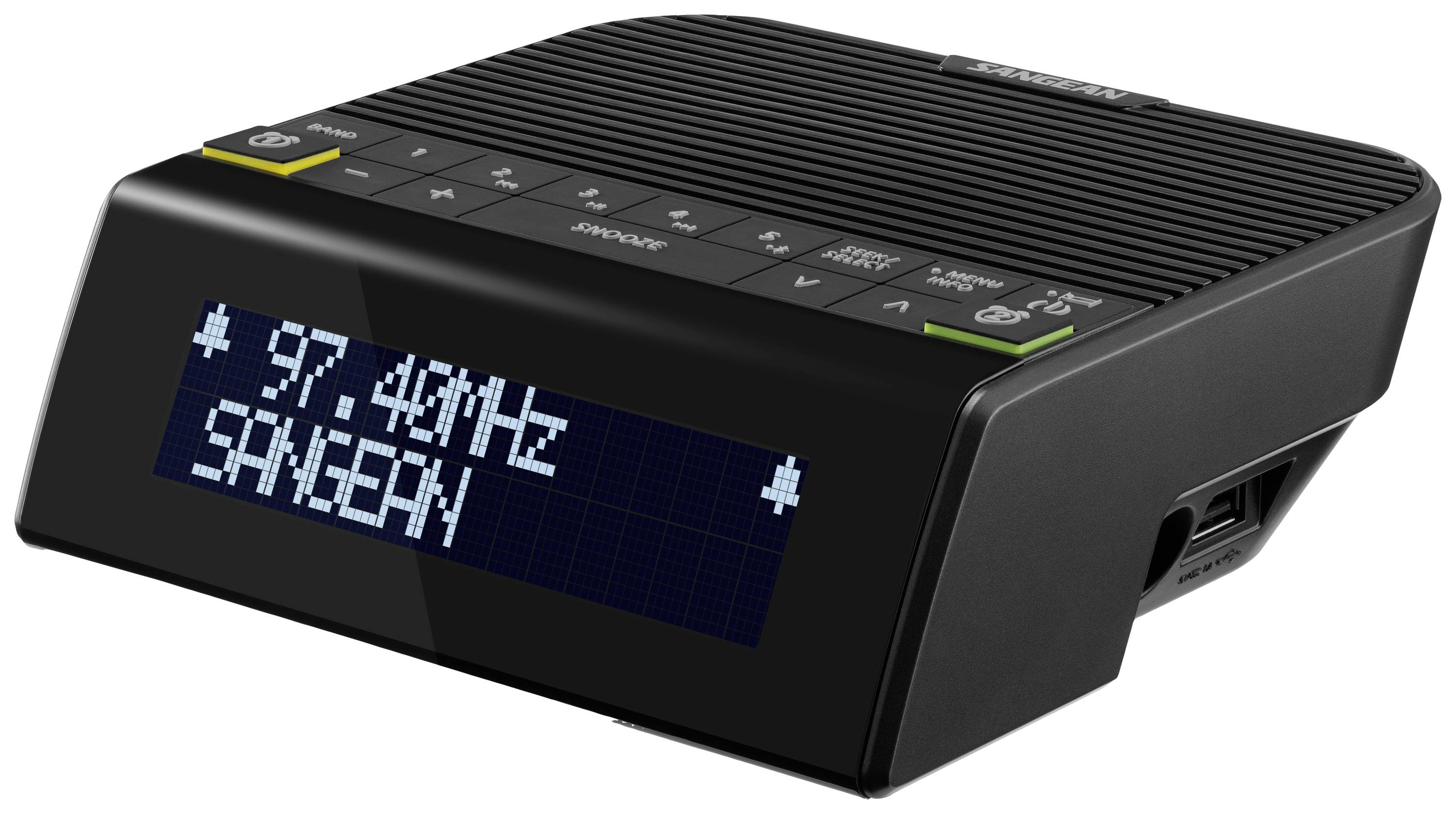 Digitálne rádio s displejom, ktorý zobrazuje '97,4 MHz' a 'SANGEAN'. Hore sú tlačidlá pre prednastavené stanice a funkcie.