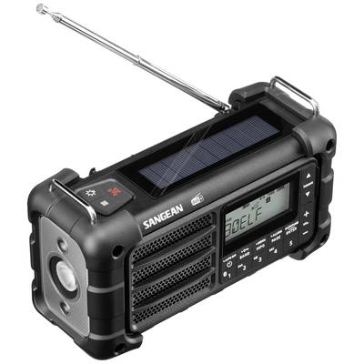 Dynamické čierne rádio so solárnym panelom a výsuvnou anténou, ktoré zobrazuje frekvenciu na digitálnom displeji.