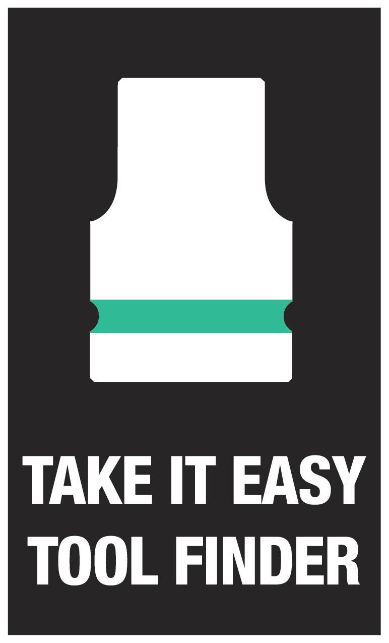 Kresba adaptéra nástroja so zeleným krúžkom a textom 'TAKE IT EASY TOOL FINDER' pod ním.