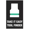 Kresba adaptéra nástroja so zeleným krúžkom a textom 'TAKE IT EASY TOOL FINDER' pod ním.