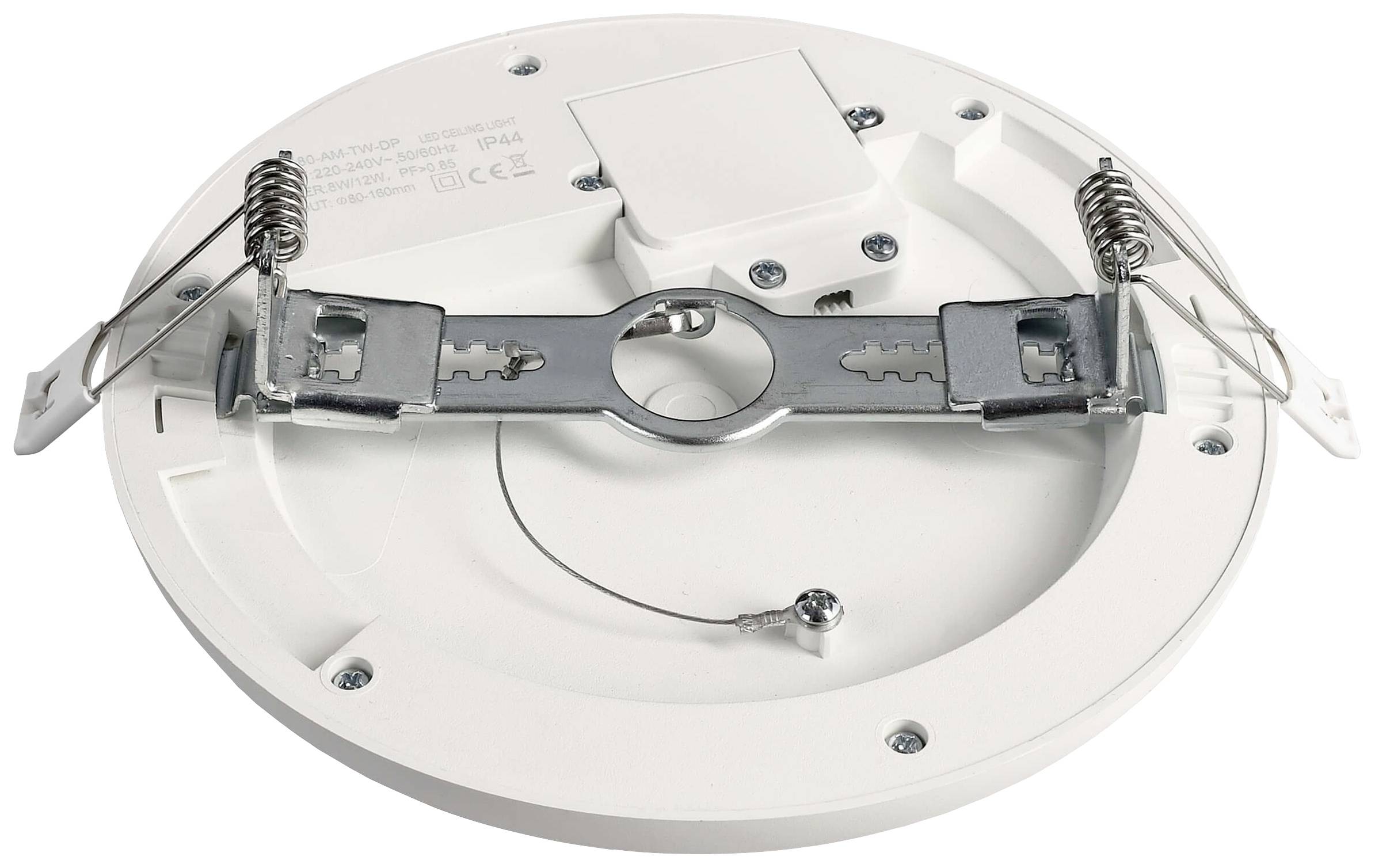 Zadná strana okrúhleho LED stropného svietidla so sponovými svorkami na upevnenie. Kovový držiak je umiestnený v strede a obklopený bielym plastovým krytom.