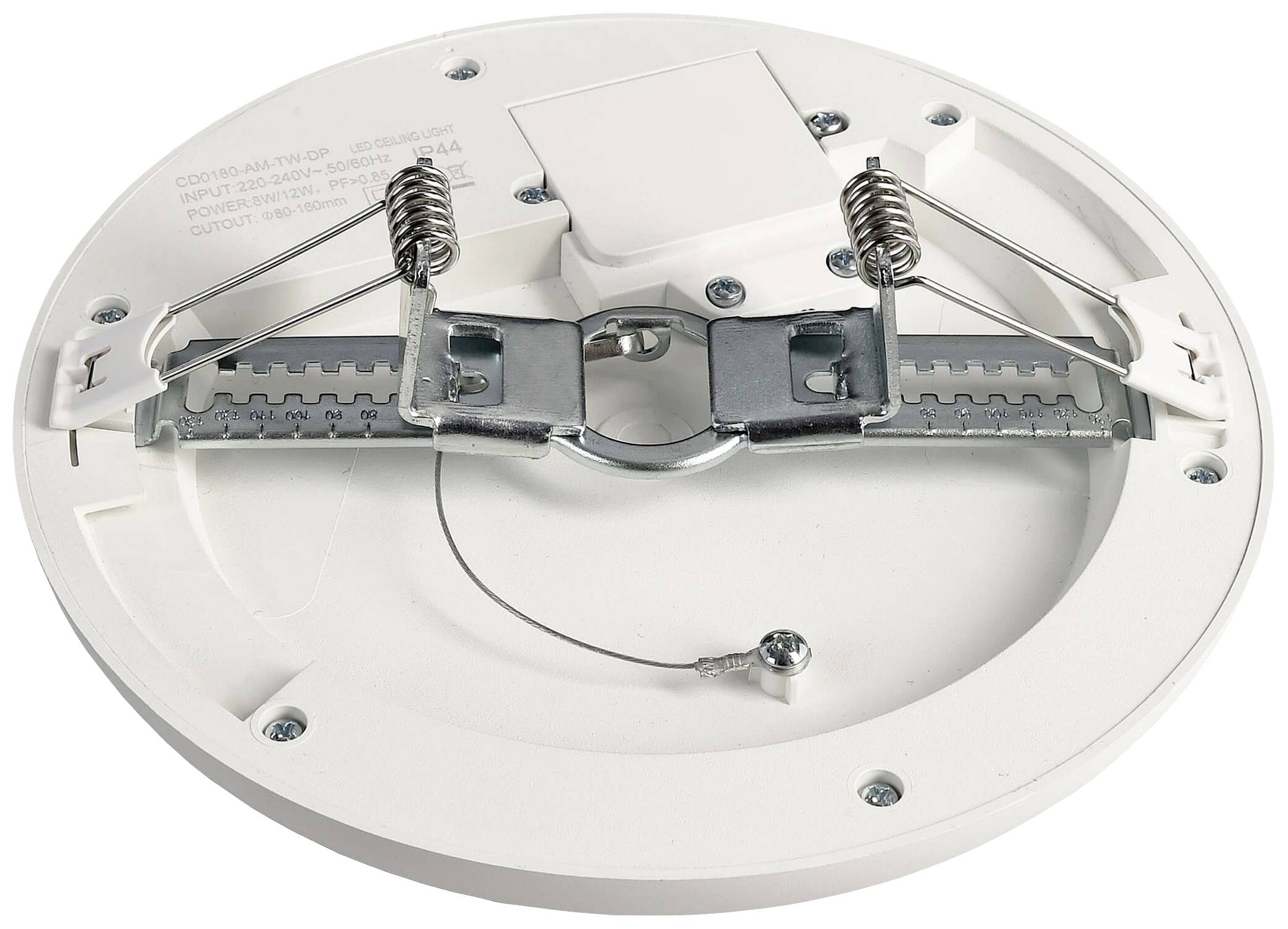 Guľatý, biely držiak stropnej lampy s kovovými svorkami a pružinami určený na upevnenie do zavesených podhľadov.