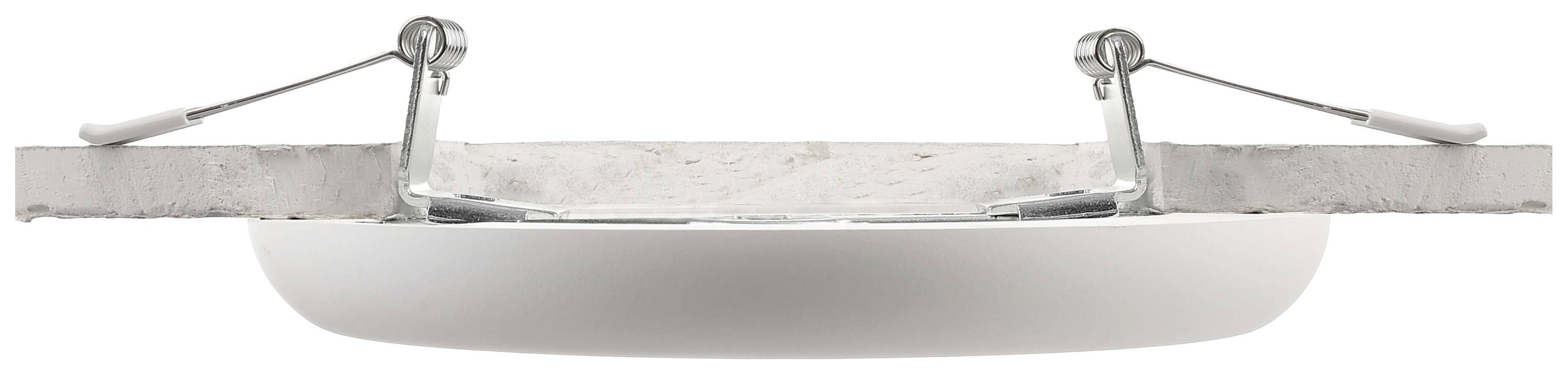 Pohľad z bočnej strany zapusteného okrúhleho svietidla nainštalovaného v strope. Sú viditeľné kovové úchyty a biele teleso svietidla.