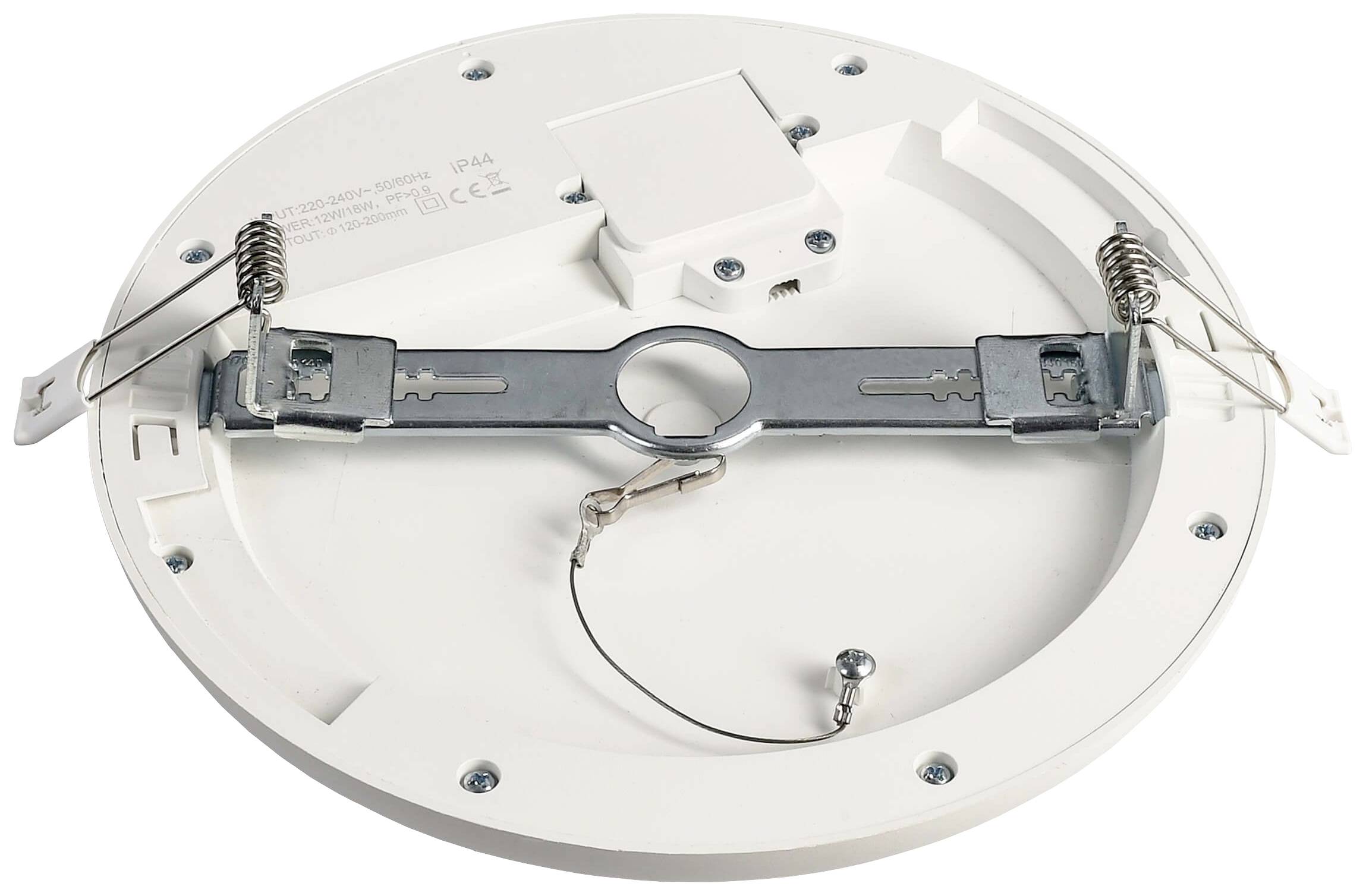 Biela, okrúhla LED stropná lampa s kovovým držiakom a pružinovými svorkami na upevnenie, pohľad zozadu. Vhodná do obytných a kancelárskych priestorov.