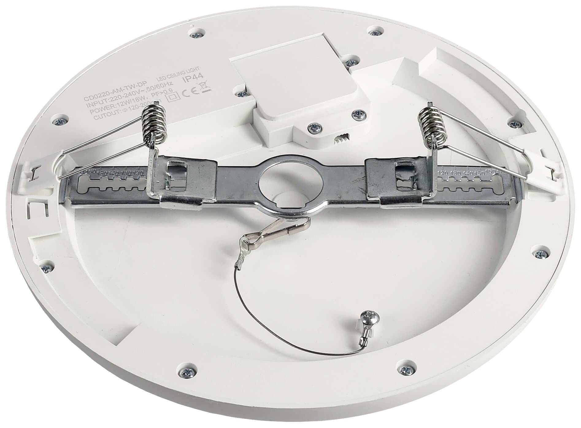 Zadná strana okrúhleho LED svietidla s pružinovými svorkami na upevnenie a konektorom v strede.