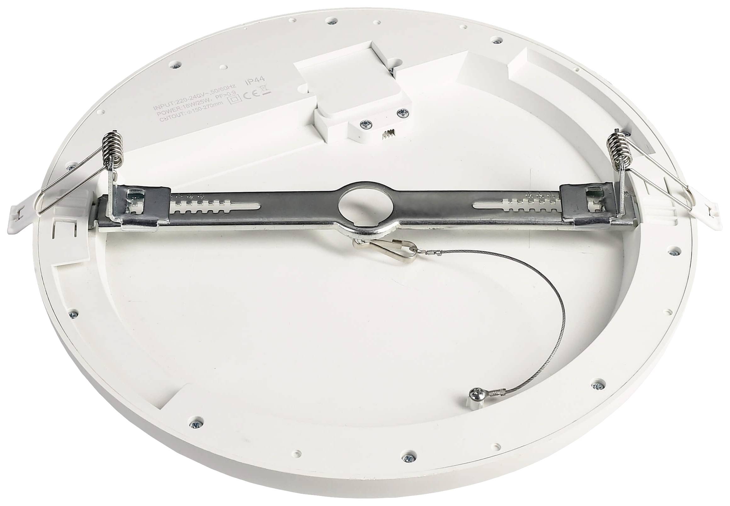 Biela, okrúhla LED stropná lampa s montážnou konzolou a pružinovým systémom, pripravená na inštaláciu do stropu.
