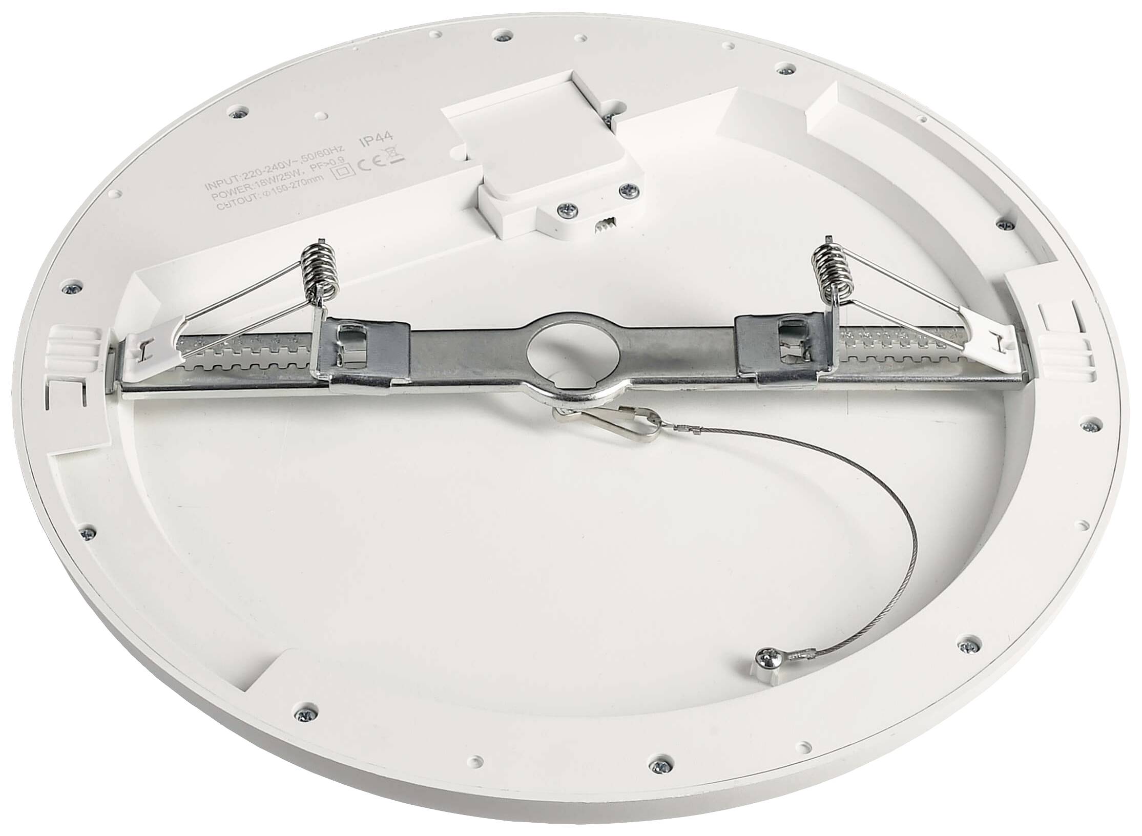 Guľatá, biela stropná lampa s kovovými držiakmi a bezpečnostným lankom na zadnej strane.