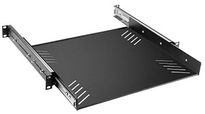 Vyťahovateľná čierna polica so vetracími otvormi pre serverové racky, určená na inštaláciu do systému IT skrine.