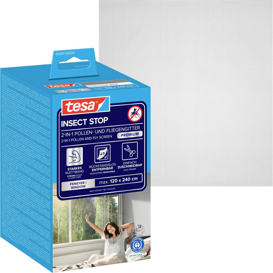 Krabica tesa Insect Stop 2-v-1 filtr na peľ a siete proti muchám, s obrázkom inštalácie na okno a vlastnosťami produktu zobrazené na balení.