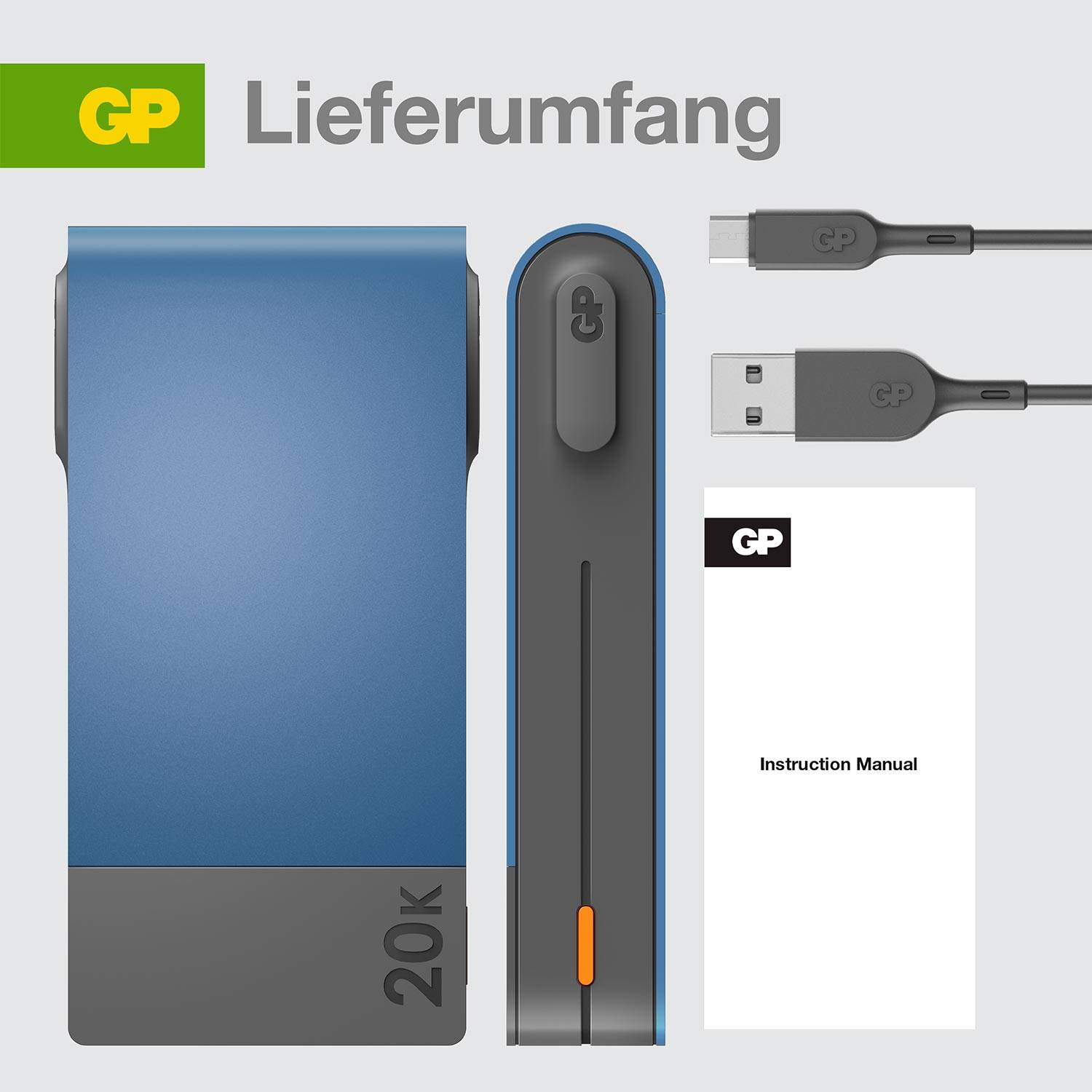 Powerbanka s USB káblom a návodom v balení. Kapacita 20 000 mAh, modrá farba, výrobca: GP.