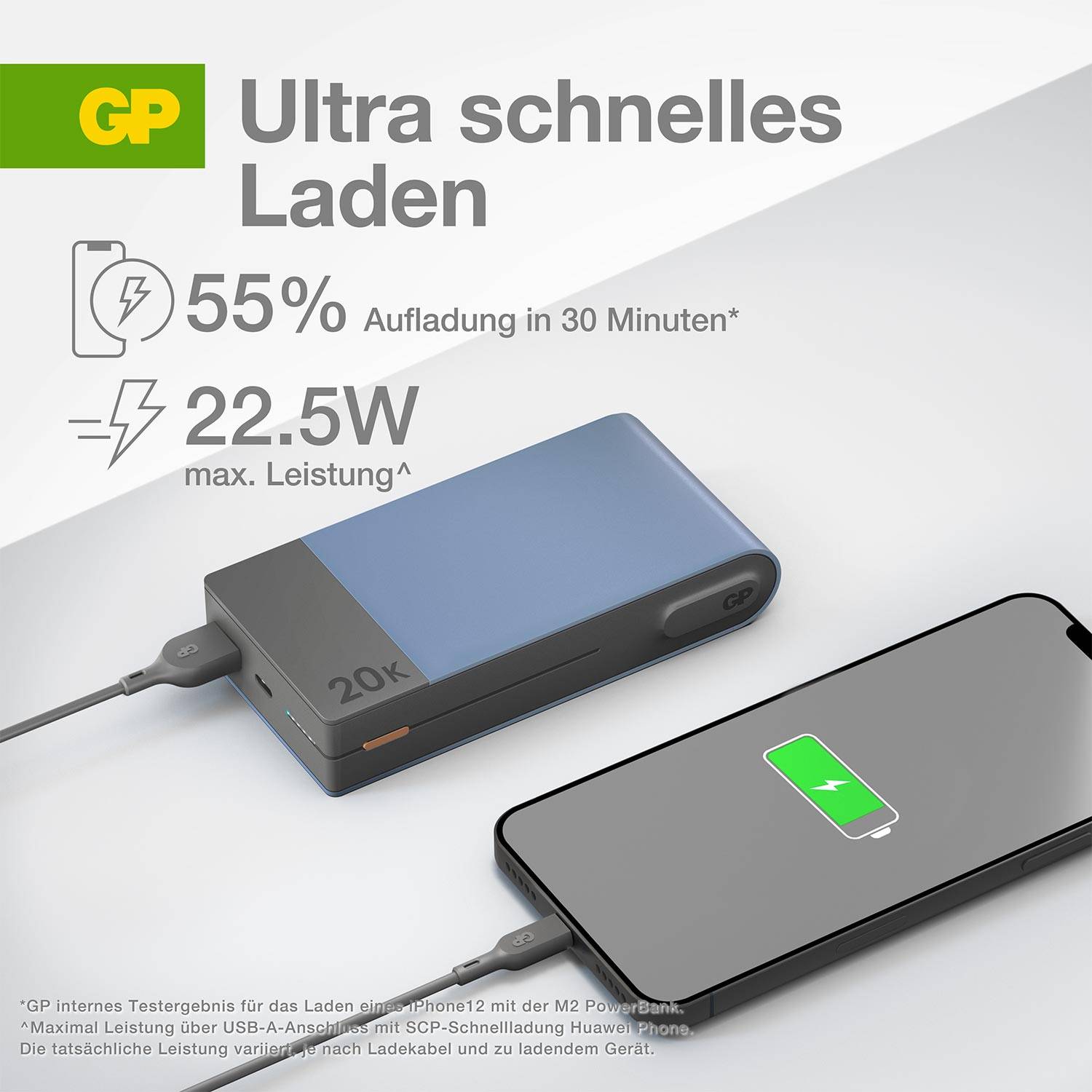 Powerbanka nabíja smartfón, zobrazuje 55% za 30 minút, maximálne 22,5W. Text: 'Ultra rýchle nabíjanie'. Obrázok zdôrazňuje rýchlu schopnosť nabíjania.
