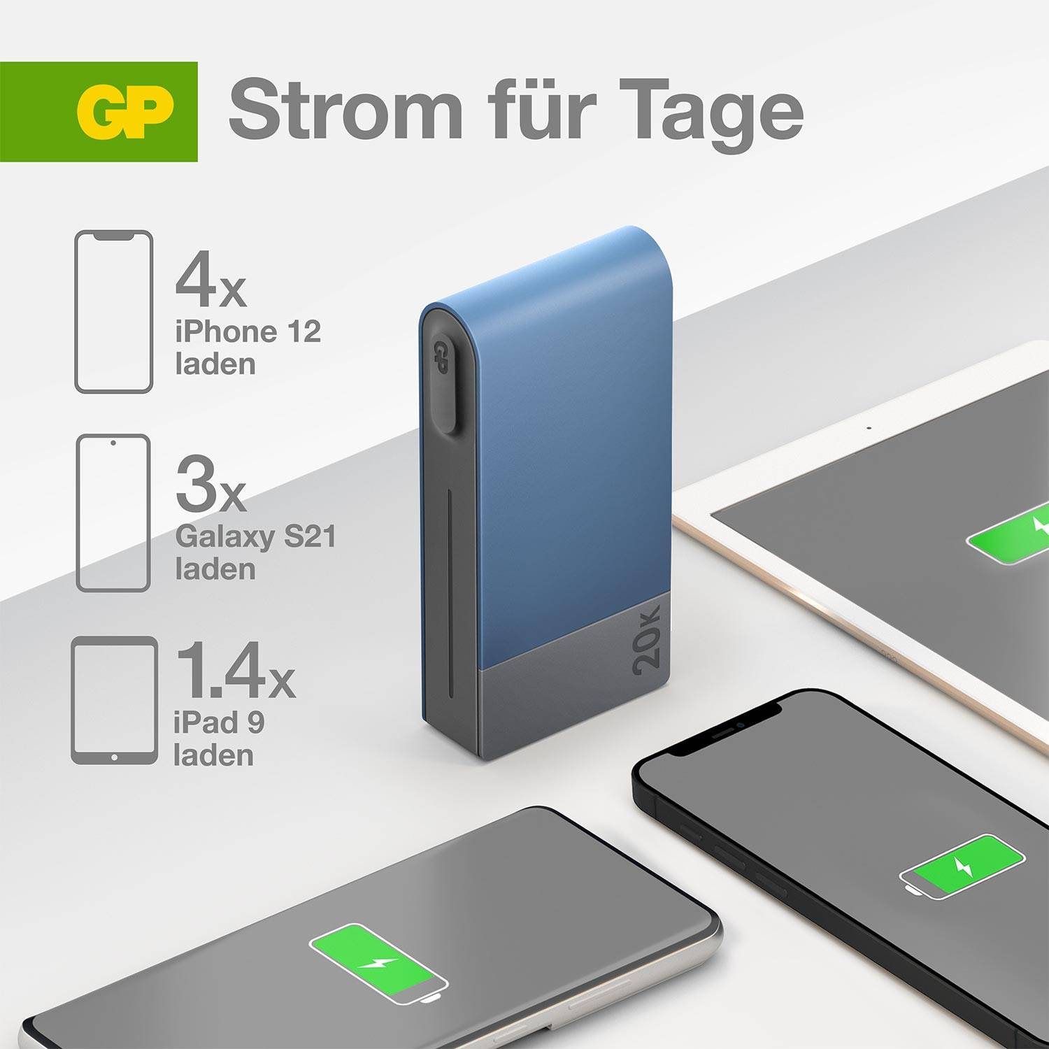 Powerbanka je zobrazená, ktorá poskytuje dostatok energie na nabytie iPhone 12 štyrikrát, Galaxy S21 trikrát a iPad 9 jeden raz.