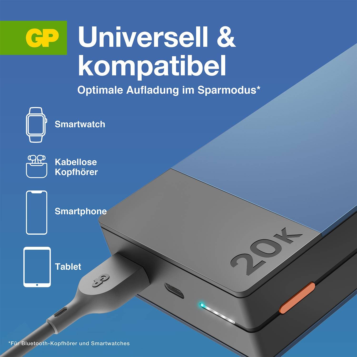 Nabíjačka s kapacitou 20 000 mAh. Kompatibilná so smart hodinkami, slúchadlami, smartfónom a tabletom. Efektívne nabíjanie v úspornom režime.