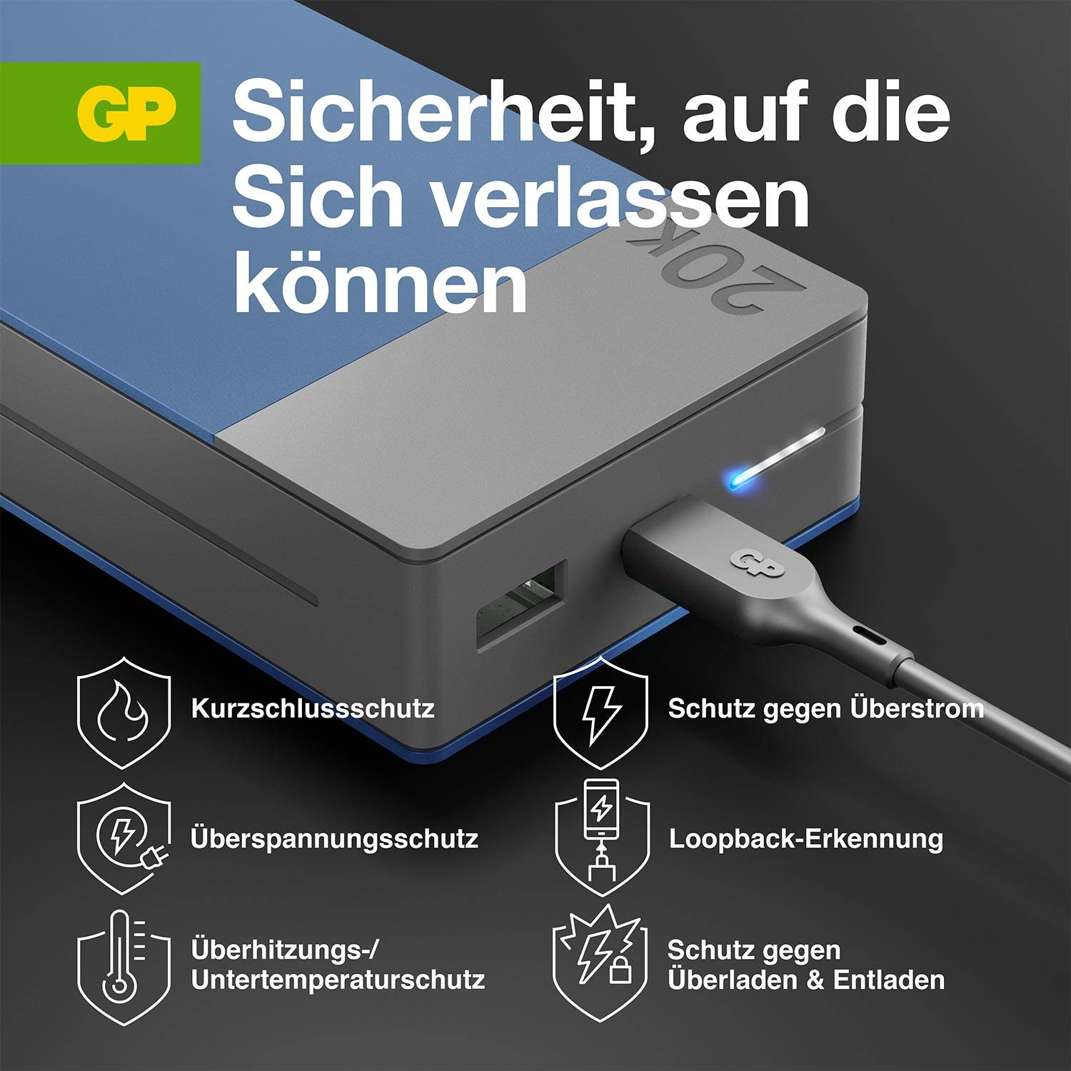 Externá powerbanka s USB portom zobrazuje symboly ochrany proti skratu, prepätiu a preťaženiu. Text: 'Bezpečnosť, na ktorú sa môžete spoľahnúť'.