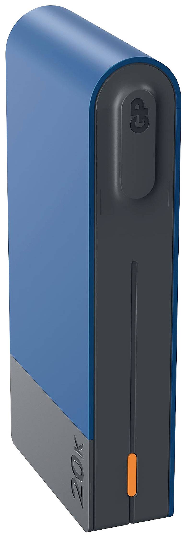 Modrošedá powerbanka s kapacitou 20 000 mAh. Má oranžový indikátor nabíjania a zapínací gombík.
