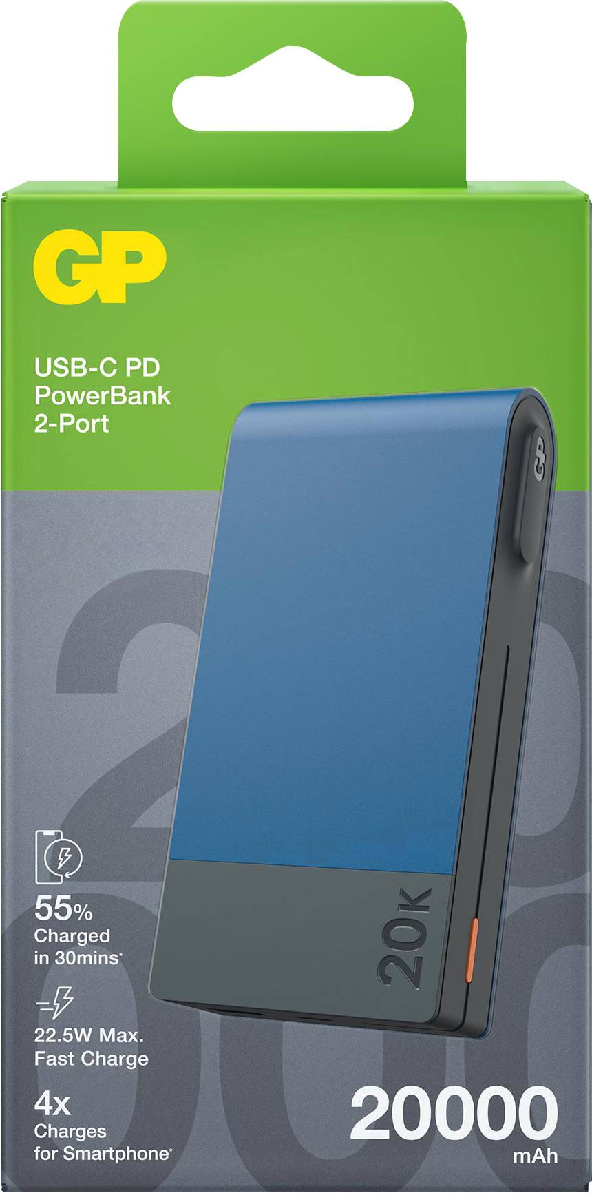 Obal powerbabanky GP USB-C PD s dvoma portami. Modrá powerbanka s kapacitou 20 000 mAh. Sľubuje nabite 55 % zariadenia za 30 minút, maximálny výkon 22,5 W.