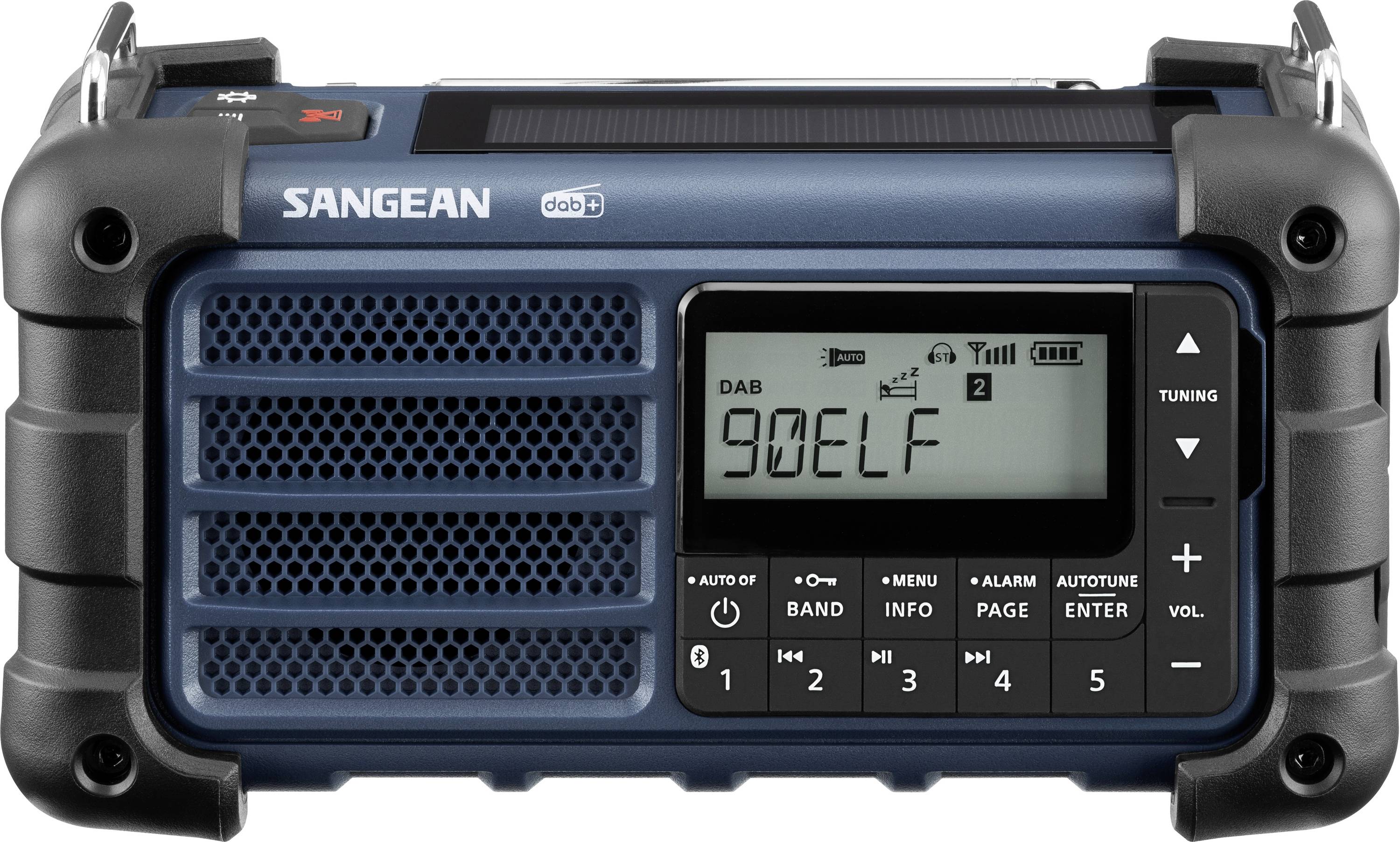 Prenosné rádio Sangean DAB+ v čiernej farbe, na displeji zobrazuje zapnutý kanál '90ELF', s tlačidlami na nastavenie stanice.