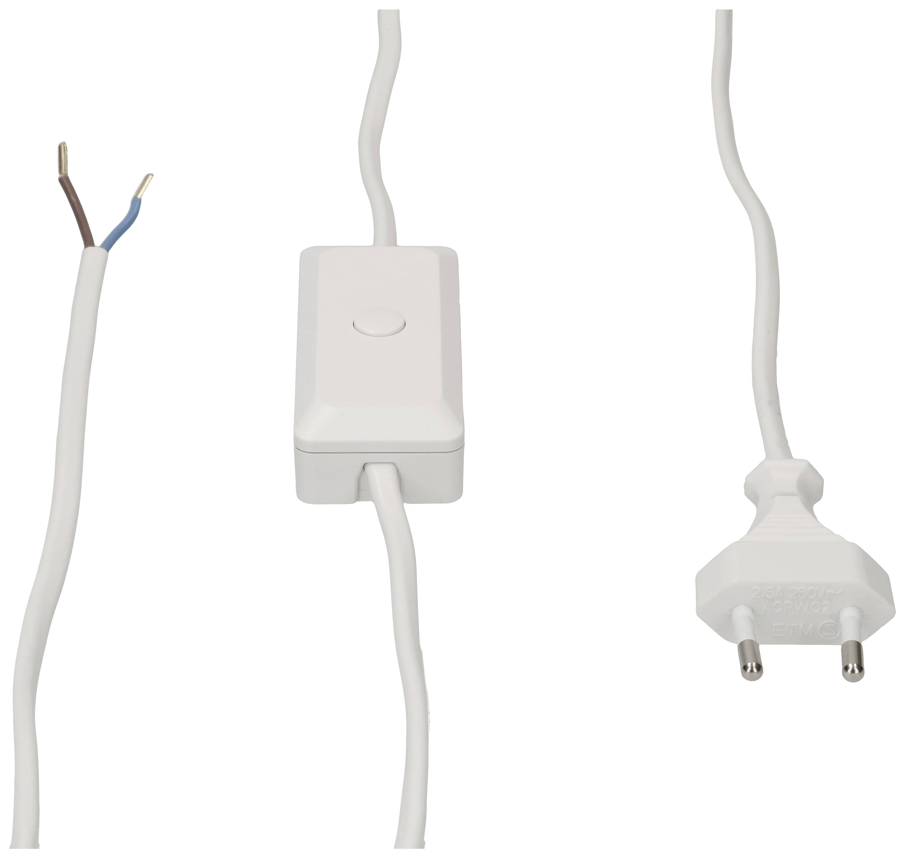 Biele elektrické káble so spínačom a zástrčkou. Vľavo dvojvodičový kábel, v strede spínač, vpravo zástrčka.