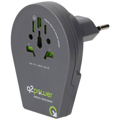 Sivý cestovný adaptér so zasúvacími otvormi pre viacero zásuviek a európskym zástrčkovým typeom. Vhodný pre použitie po celom svete, značka 'q2power'.