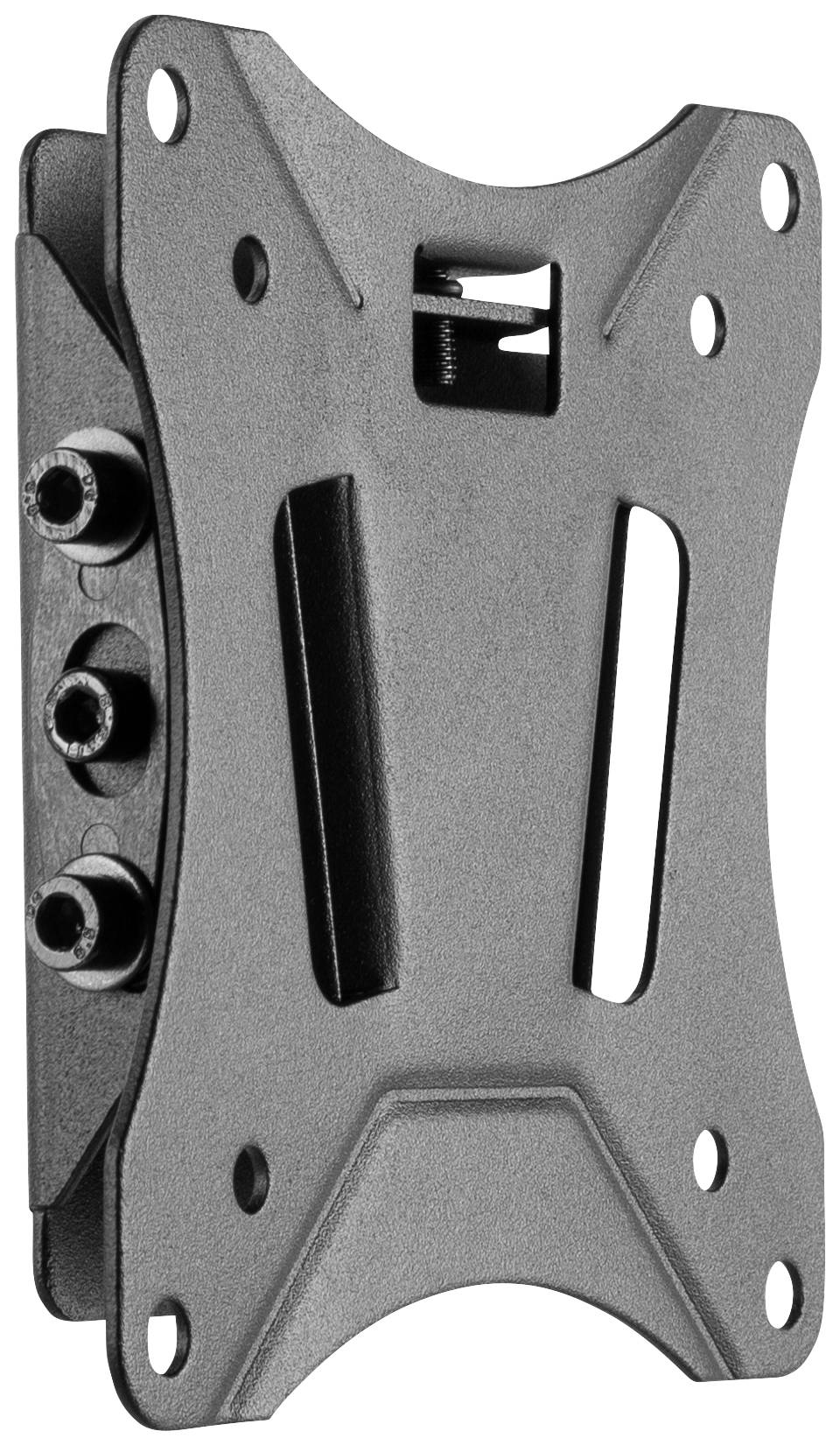 Čierne kovové držadlo, pravdepodobne určené na montáž predmetu na stenu, zobrazuje niekoľko otvorov pre skrutky a centrálny otvor.