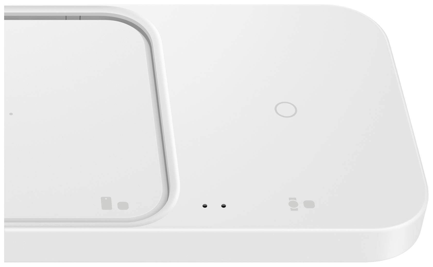 Biela bezdrôtová nabíjacia stanica s dvoma nabíjacími miestami a LED indikátormi uprostred, vhodná na súčasné nabíjanie zariadení.