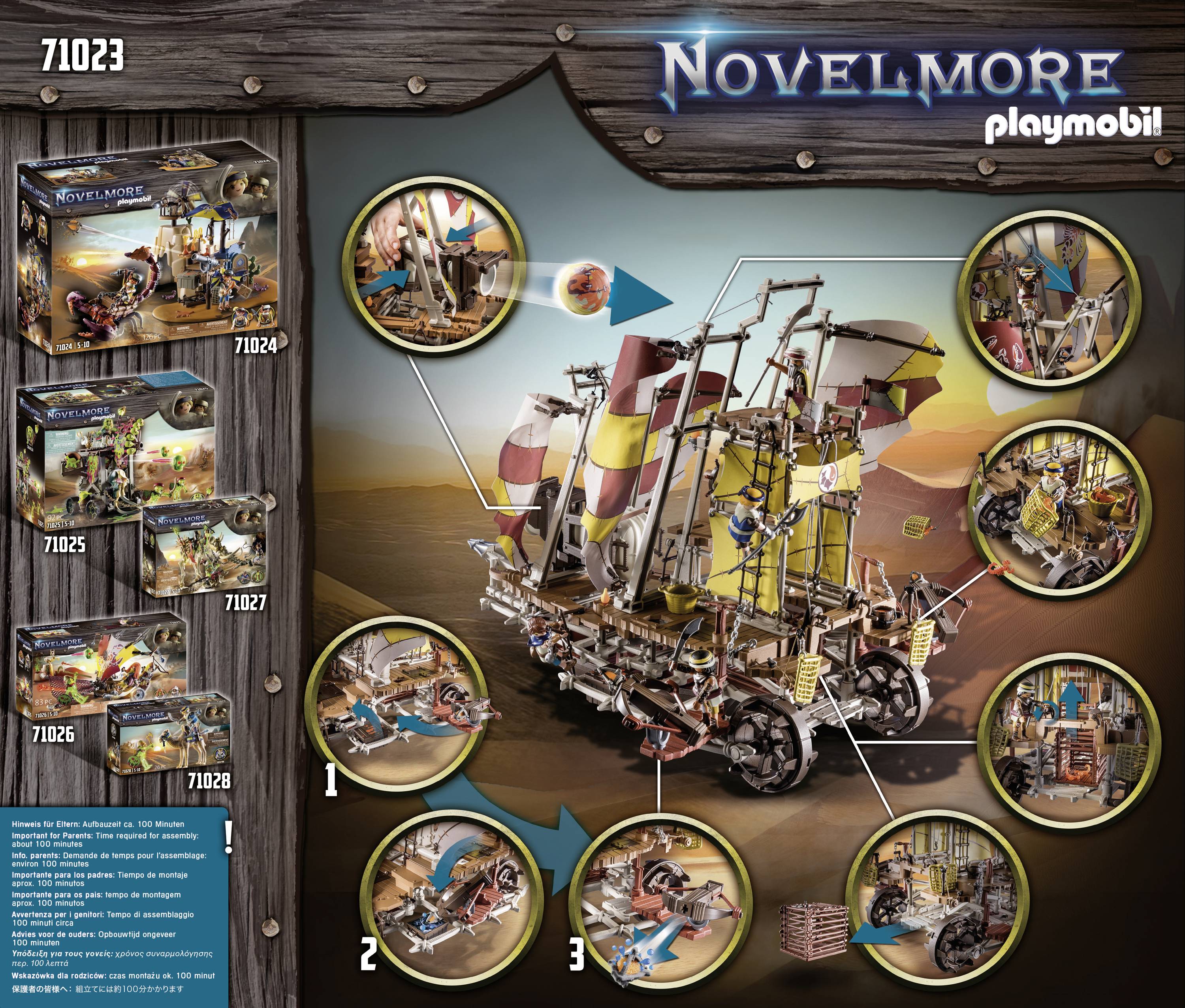 Hračkárska pirátska loď od Playmobil s detailnými obrázkami a funkciami, obklopená rôznymi sadami zo série Novelmore.