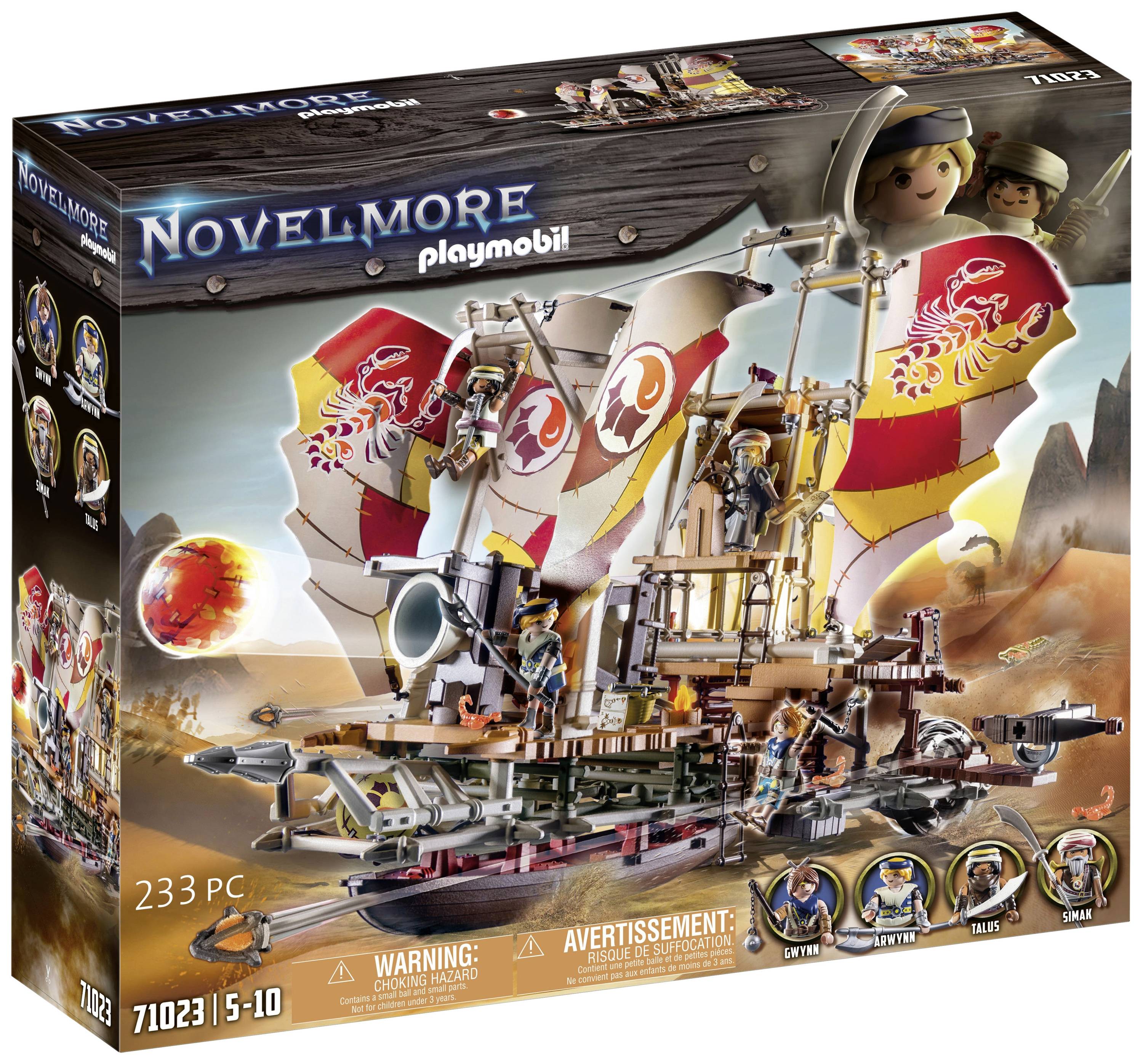 Hračkársky obal Playmobil 'Novelmore' s pirátskou loďou a figúrkami. Obsahuje 233 dielov. Vhodné pre deti vo veku 5 až 10 rokov.