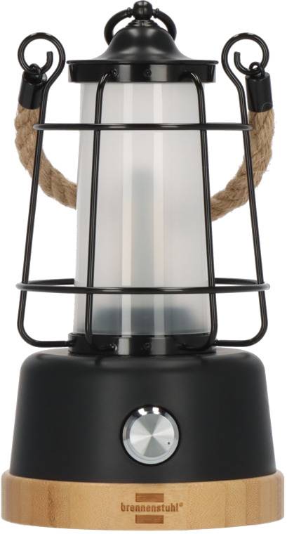 Čierna drevená lampa so šnúrovým držadlom, moderného dizajnu. Funkčný otočný gombík na prednej strane, vhodná do interiéru aj exteriéru.
