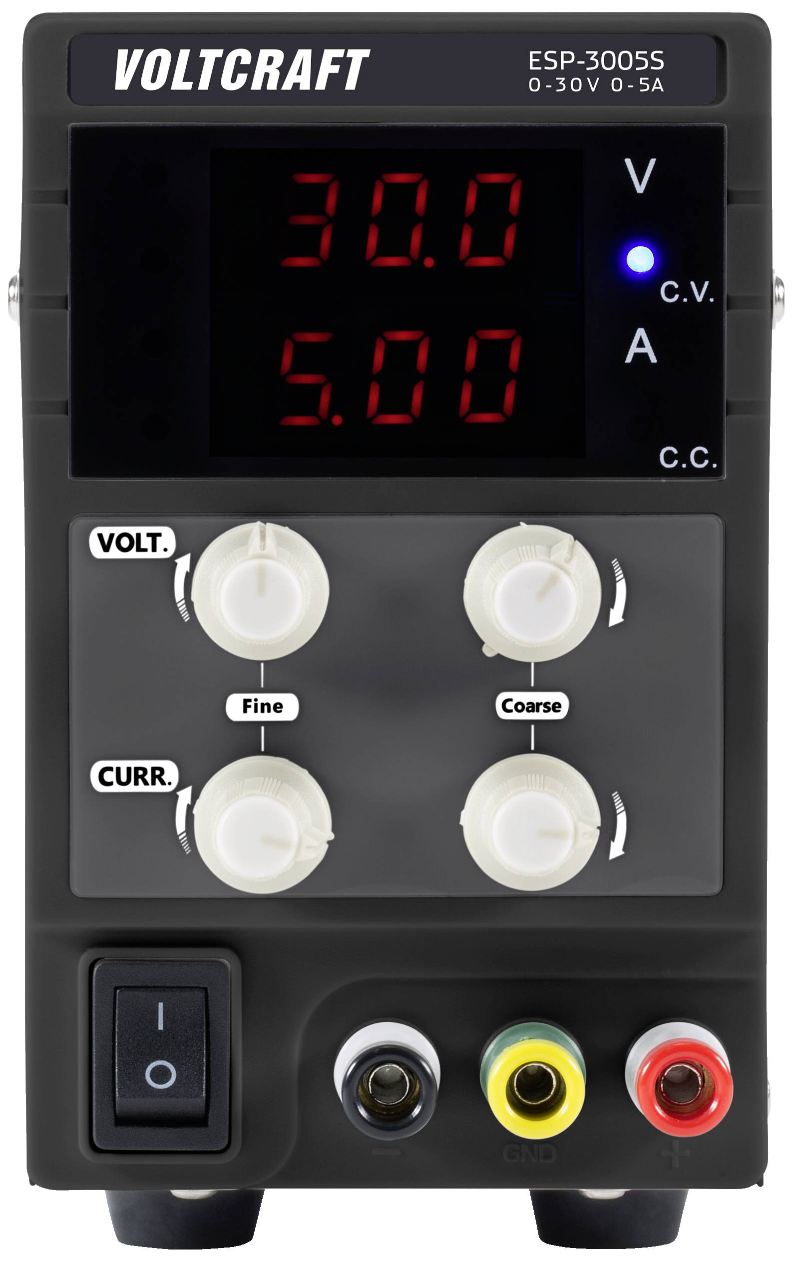 Voltcraft ESP-3005S, laboratórny zdroj s digitálnym displejom pre napätie (0-30V) a prúd (0-5A), dva otočné gombíky pre hrubé a jemné nastavenie, prepínač a konektory dole.