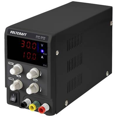 Laboratórny zdroj Voltcraft ESP-3010 s digitálnym displejom na zobrazenie napätia a prúdu; zobrazuje 30 V a 10 A, s viacerými nastavovacími gombíkmi.
