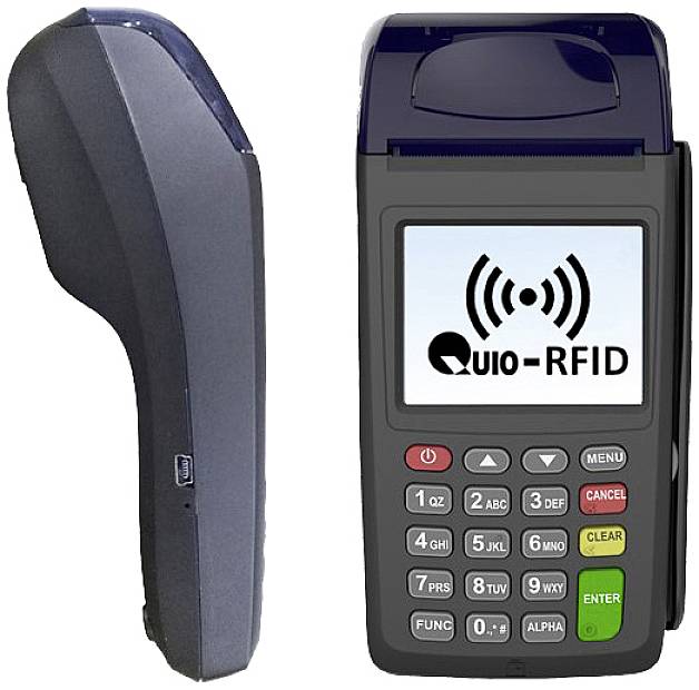 Platobný terminál na platobné karty s klávesnicou a displejom, ktorý zobrazuje 'Quio-RFID'; umožňuje bezdrôtové platby pomocou RFID technológie.