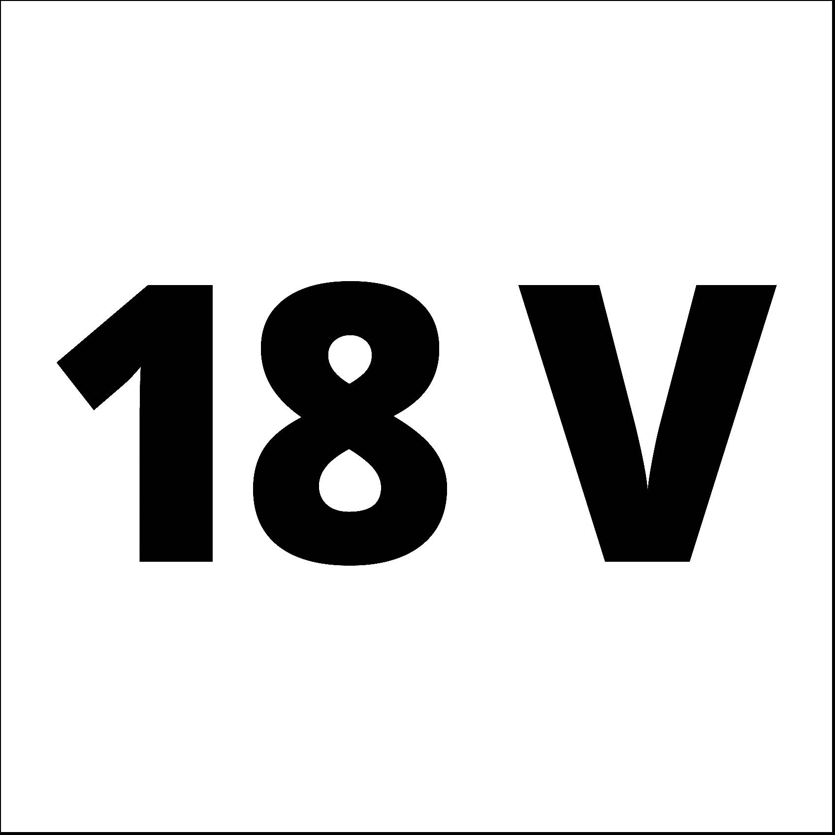 '18 V' v čiernom tučnom písme na bielom pozadí.