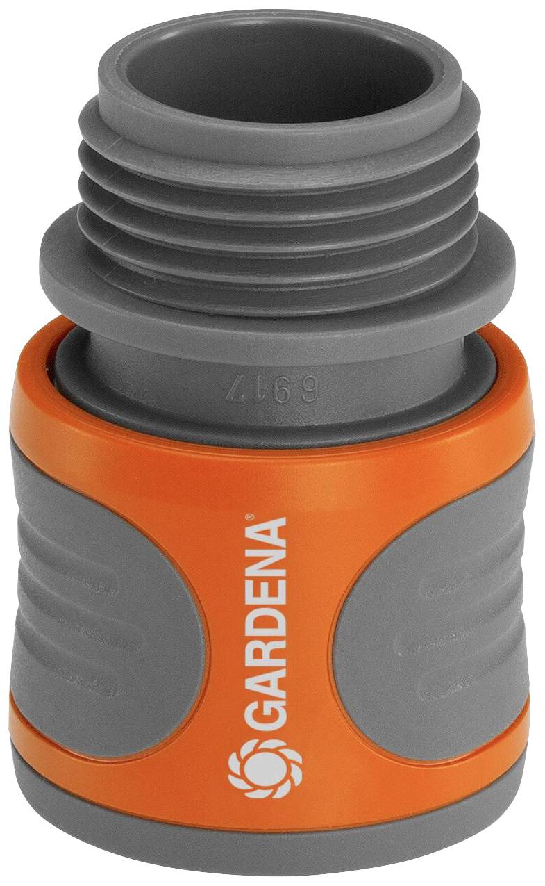 Sivý a oranžový spojovací kus na záhradnú hadicu od značky Gardena určený na spájanie a stabilizáciu hadíc v záhradníctve.