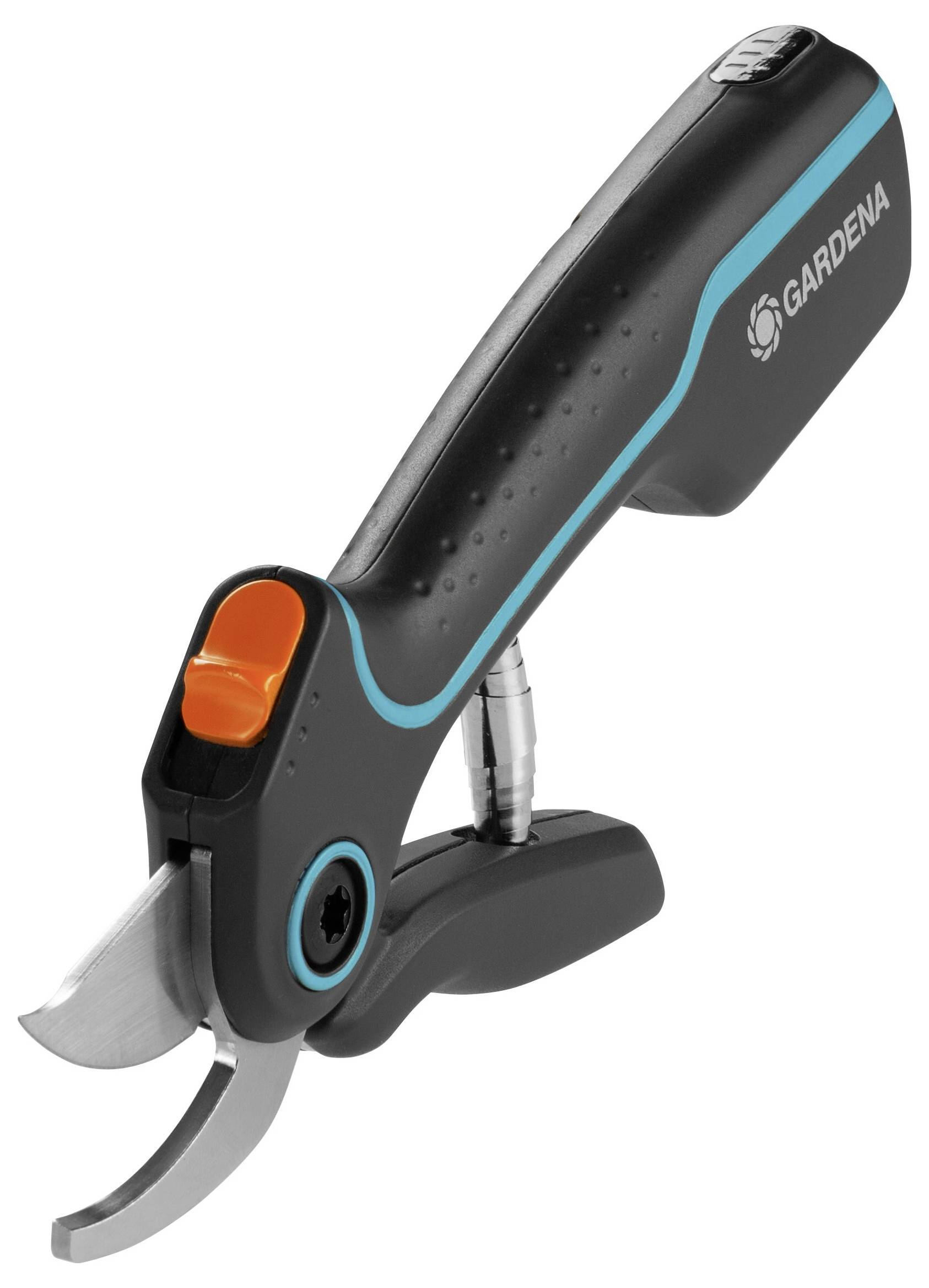 Záhradné nožnice s ergonomickou rukoväťou a čepeľami z nehrdzavejúcej ocele, vybavené oranžovým bezpečnostným zámkom a značkou "Gardena".