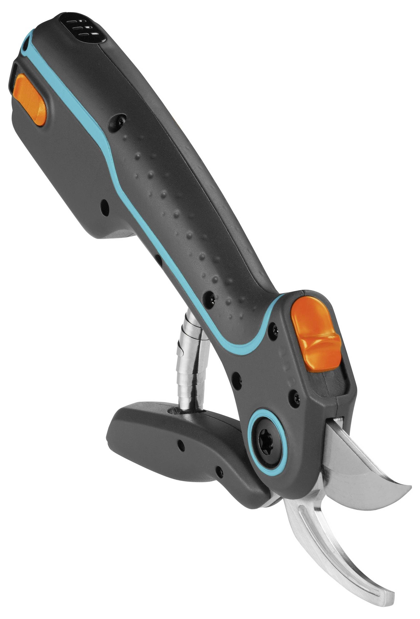 Ručná elektrická prierezávacia pílka s čiernym a modrým dizajnom, ktorá má oranžové spínače a nožnice z nehrdzavejúcej ocele.