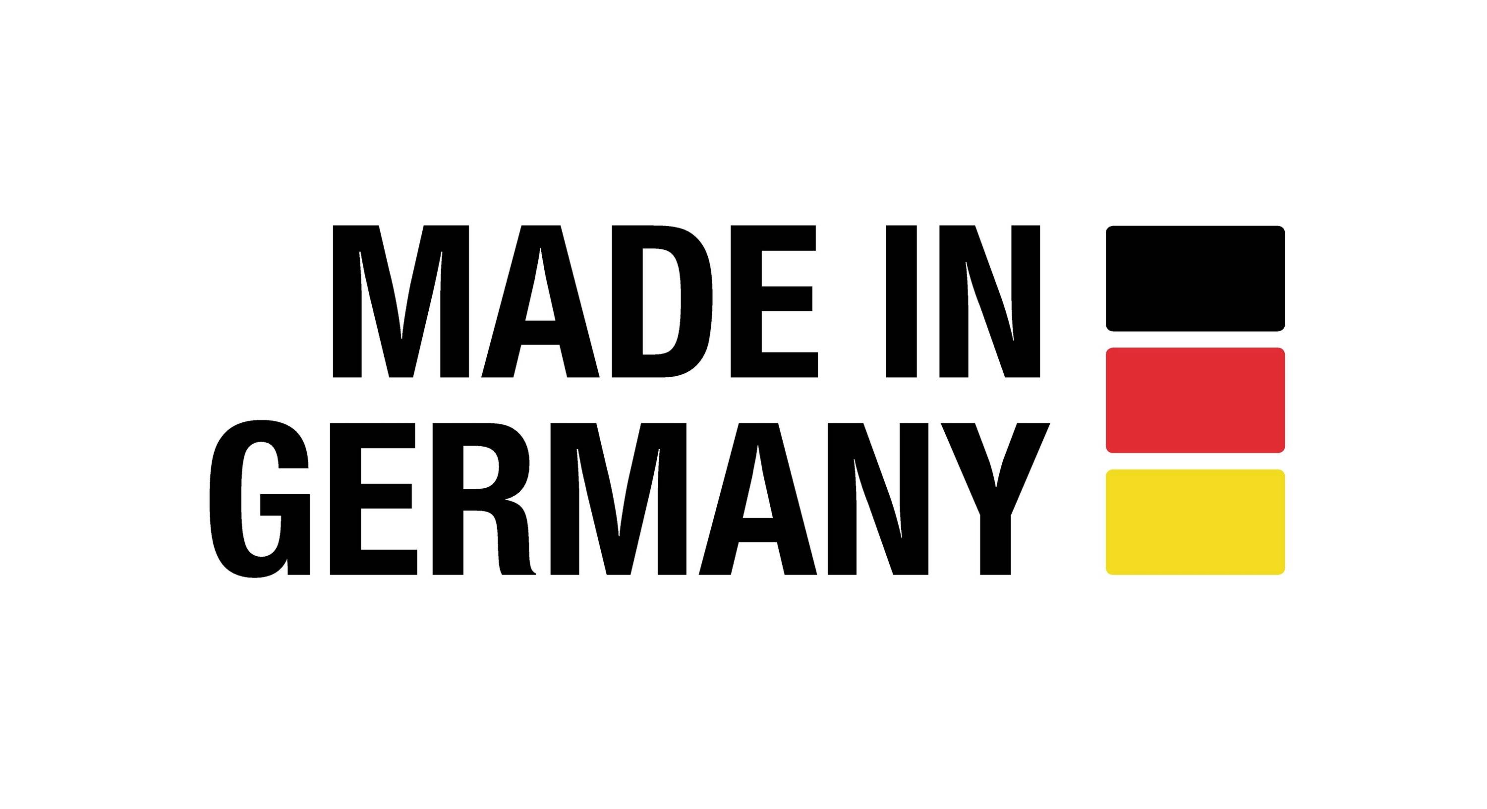 Nápis "Made in Germany" s čierno-červeno-zlatým farebným pruhom vpravo. Symbolizuje nemecký pôvod a kvalitu.