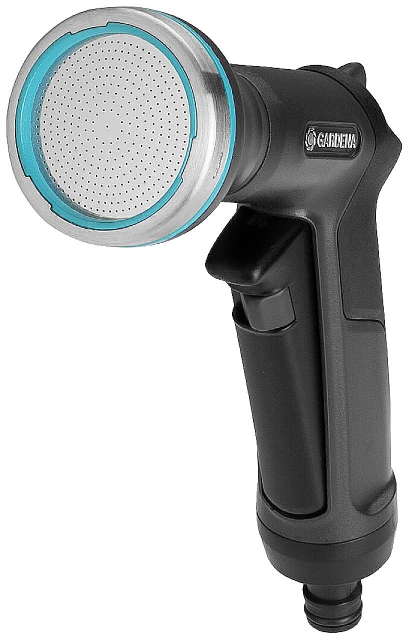 Čierny záhradný zavlažovací postrekovač s modrým okrajom a ergonomickým držadlom, navrhnutý pre pohodlné používanie počas zavlažovania.