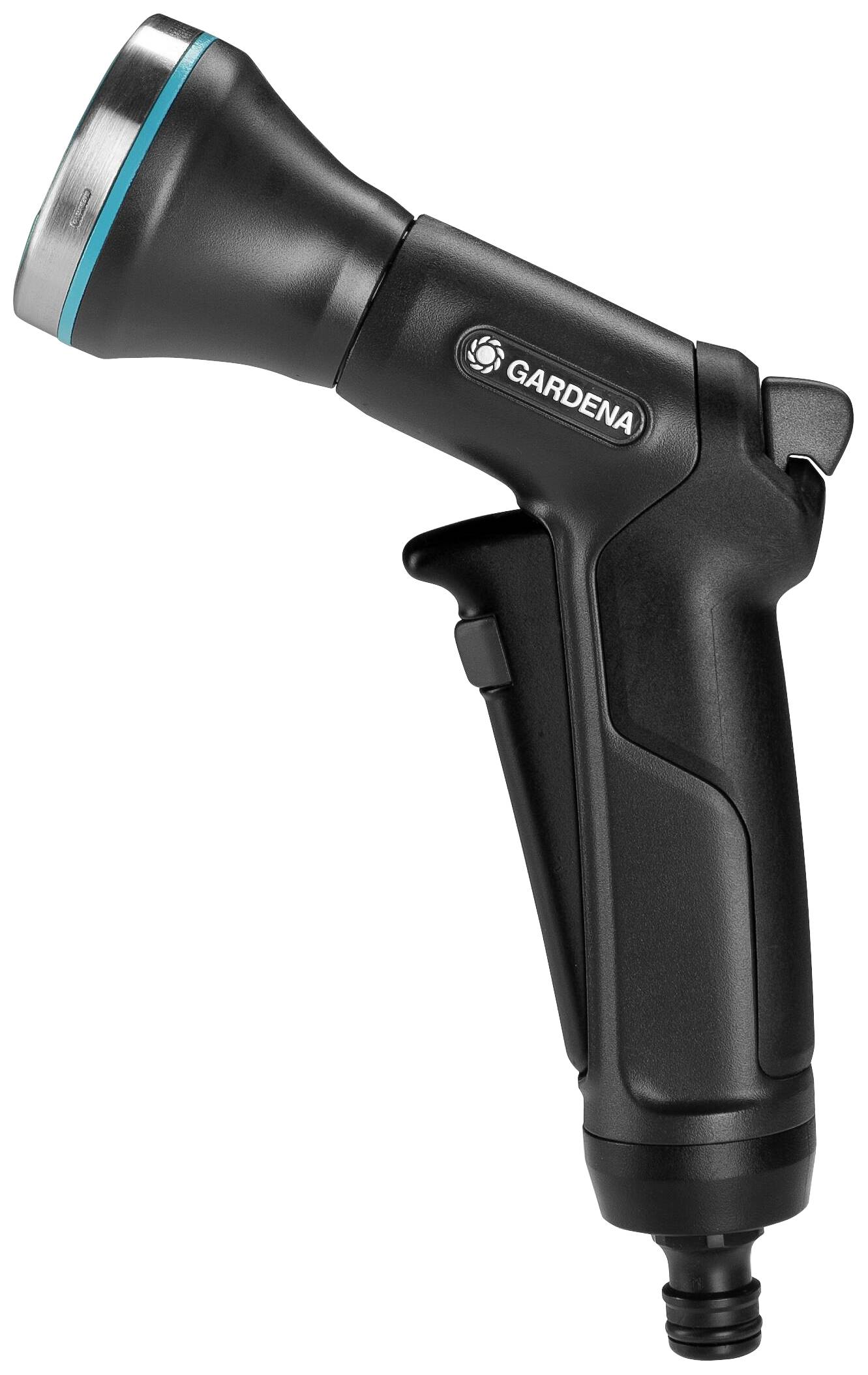 Čierna záhradná postrekovacia hadica so svetlomodrým krúžkom a ergonomickou plastovou rukoväťou, vyrobená spoločnosťou Gardena.