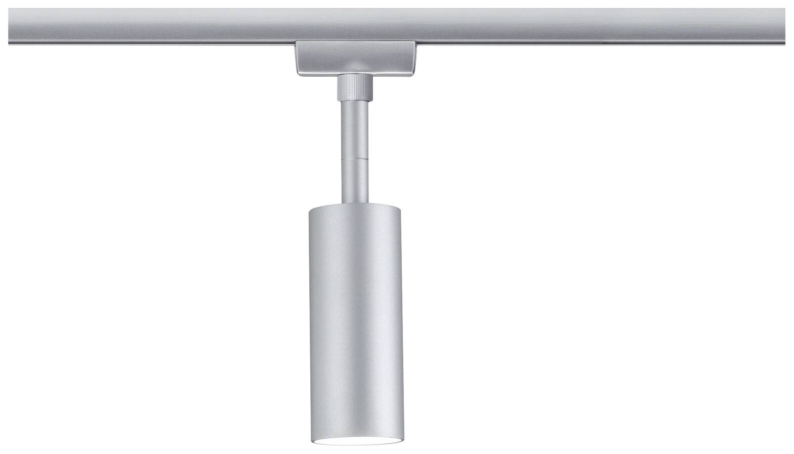 Strieborná koľajnicová lampa s valcovým krytom, namontovaná na stropnom držiaku. Ideálna pre cielenú svetelnú požiadavku.