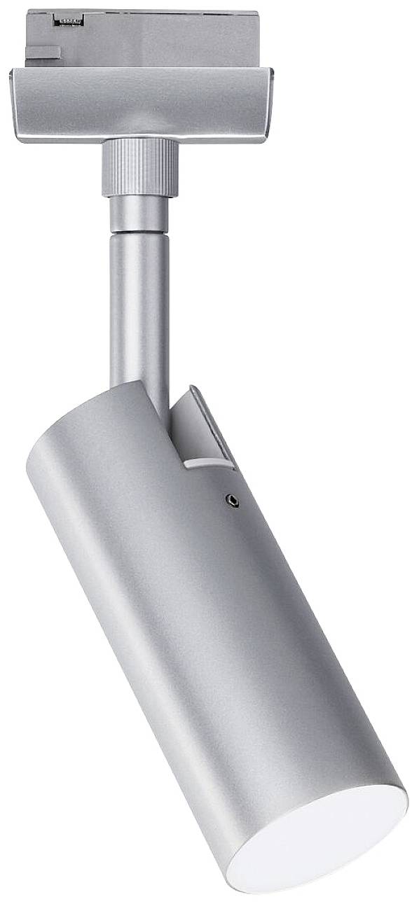 Strieborný stropný reflektor s valcovitým, nastaviteľným telom lampy, vhodný pre smerové osvetlenie v interiéroch.