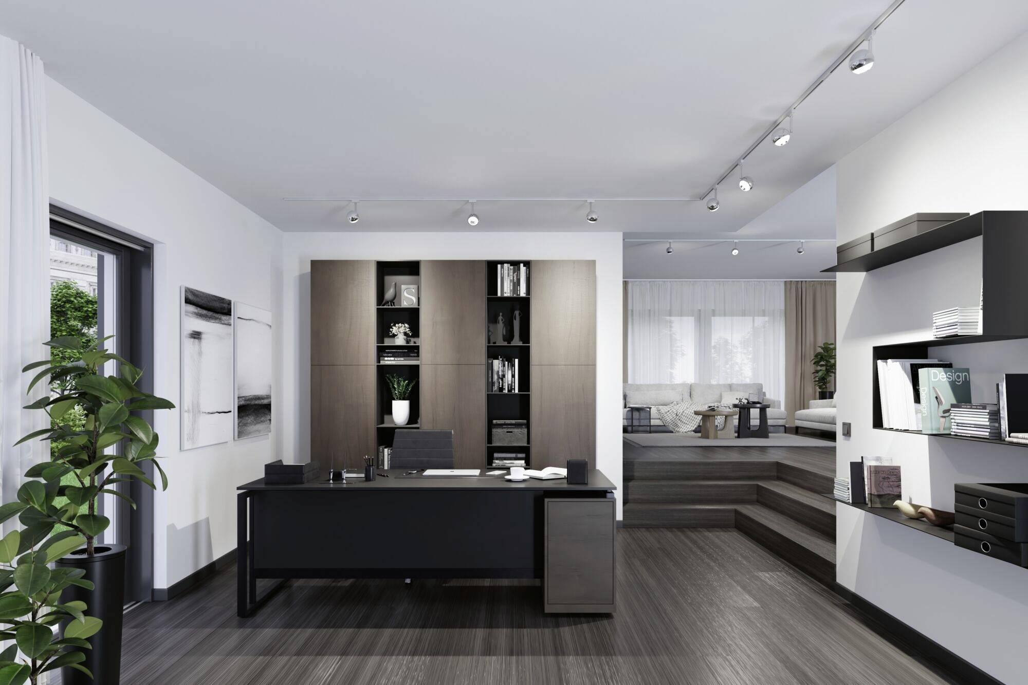 Moderná kancelária s tmavým písacím stolom, knižnicami a rastlinami, s priľahlou obývačkou v pozadí.