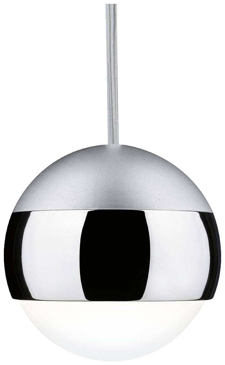 Strieborná, guľovitá závesná lampa so žiariacim povrchom a čiernym pásom v strede. Závesné svietidlo na striebornom kábli.